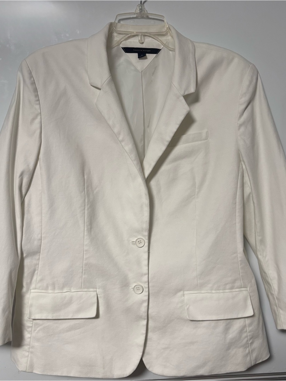 Tommy Hilfiger White Textured Collar Top with Classic Navy Logo Trim